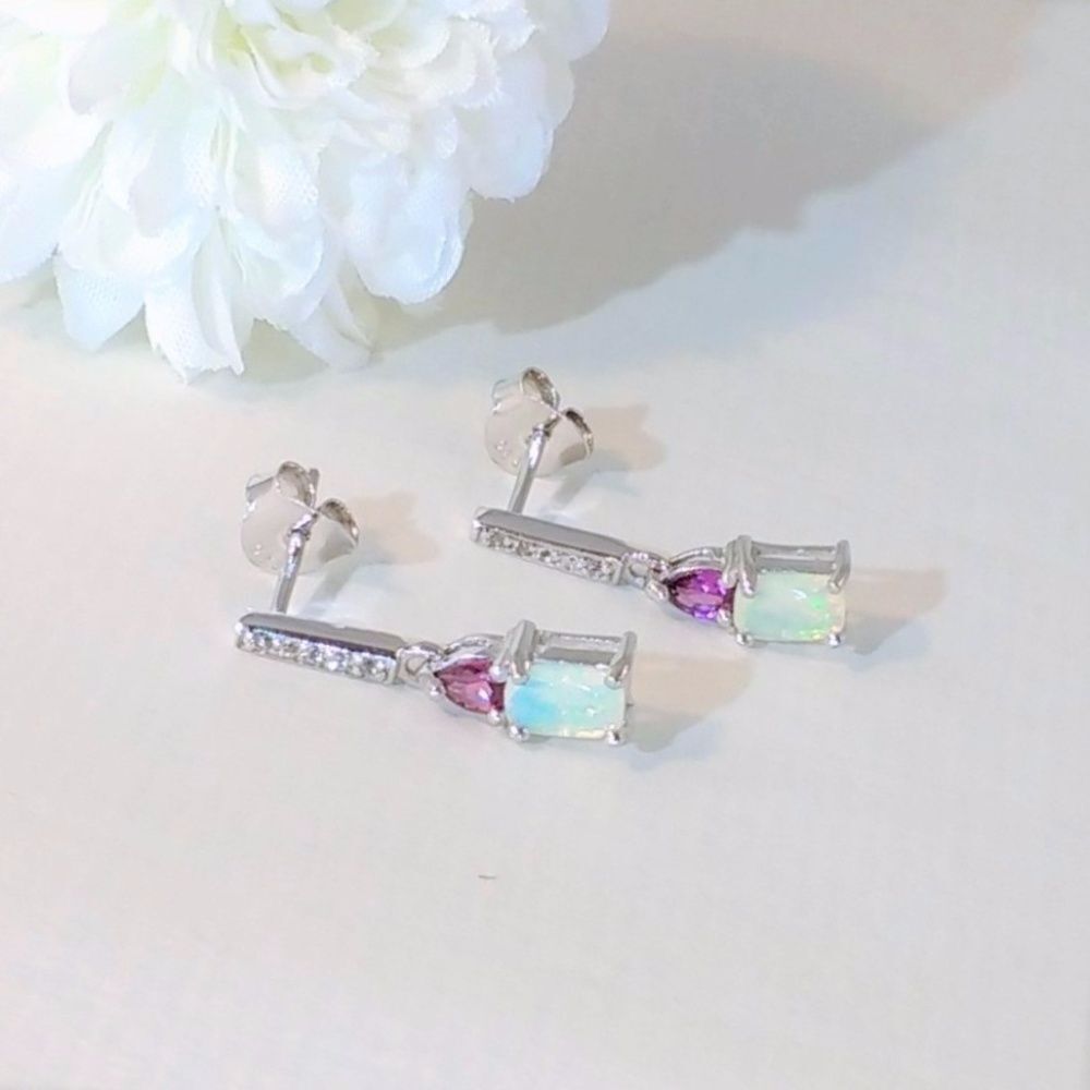 Ethiopian Opal, Garnet & White Topaz Earrings